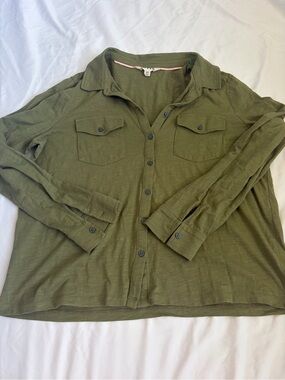 BODEN Olive Green Cotton Slub Knit Utility Button Down Shirt Pocketed Top US 12